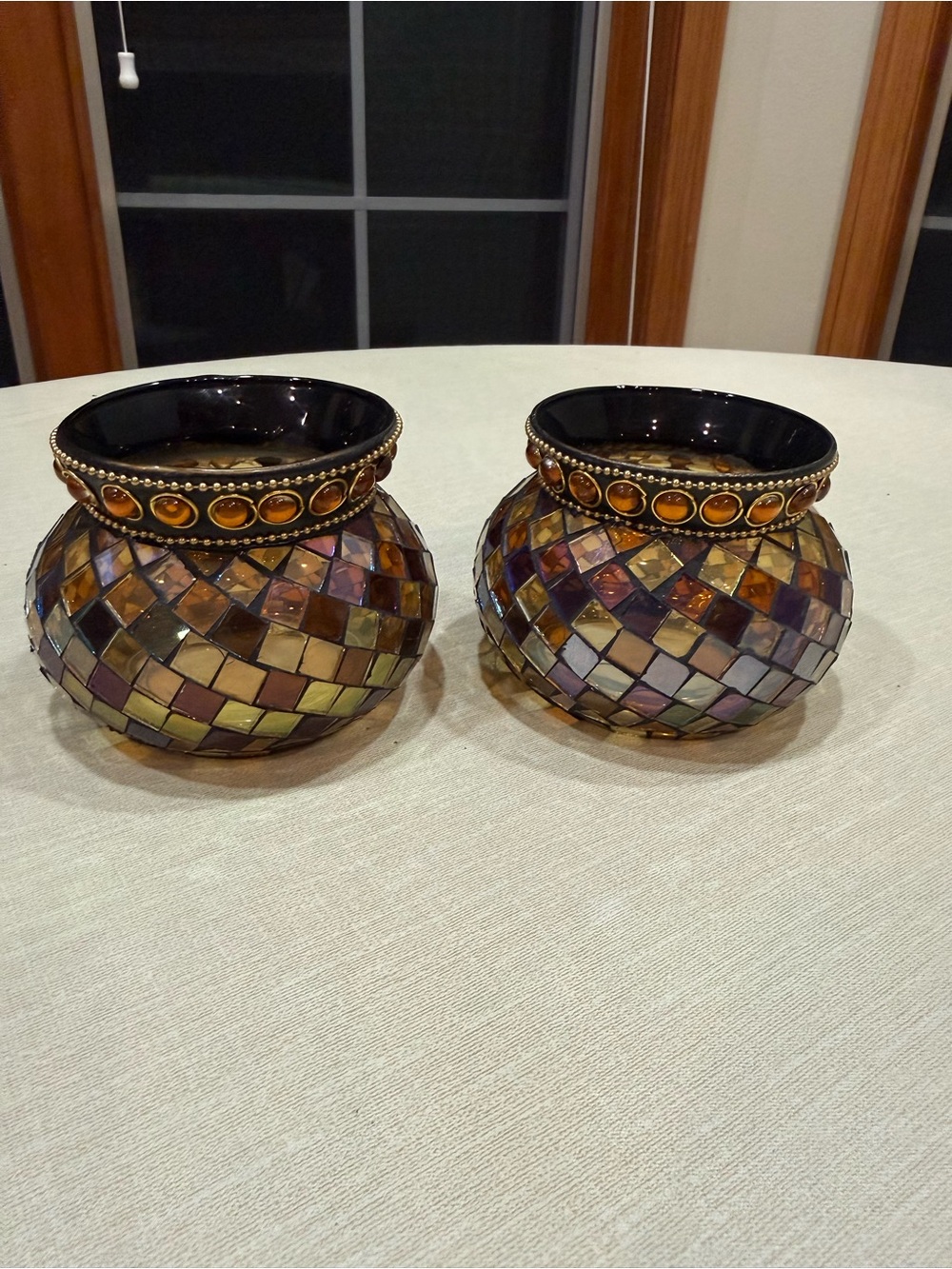 Home Accents Mosaic Glass Candle Holders in Amber and Purple